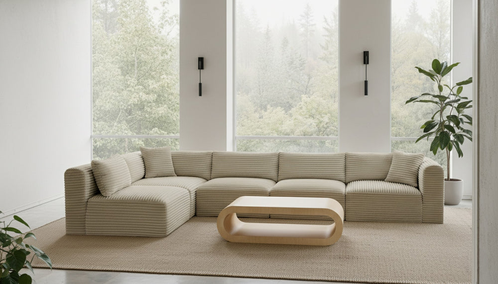 Meridian Furniture Shaggy Five Piece Modular Sectional Cream Corduroy Performance Fabric Living Room Sofa 641Cream-Sec5B