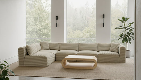 Meridian Furniture Shaggy Five Piece Modular Sectional Cream Corduroy Performance Fabric Living Room Sofa 641Cream-Sec5B