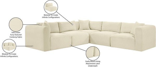 Meridian Furniture Shaggy Cream Corduroy Modular Sectional Five Piece Performance Fabric Living Room Sofa 641Cream-Sec5C