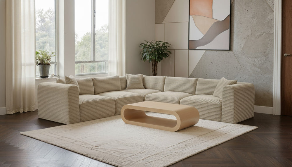 Meridian Furniture Shaggy Cream Corduroy Modular Sectional Five Piece Performance Fabric Living Room Sofa 641Cream-Sec5C