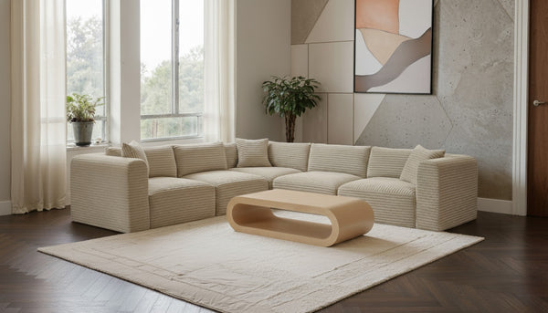 Meridian Furniture Shaggy Cream Corduroy Modular Sectional Five Piece Performance Fabric Living Room Sofa 641Cream-Sec5C