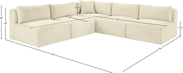 Meridian Furniture Shaggy Cream Corduroy Modular Sectional Five Piece Performance Fabric Living Room Sofa Set 641Cream-Sec5D