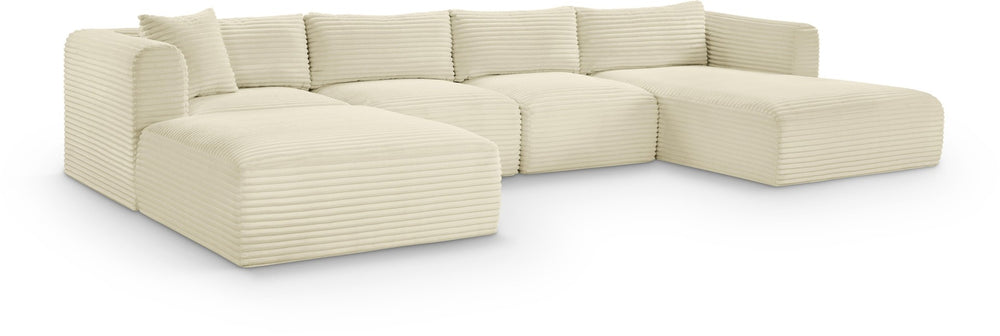 Meridian Furniture Shaggy Five Piece Modular Sectional Plush Corduroy Performance Fabric Cozy Living Room Sofa 641Cream-Sec5E