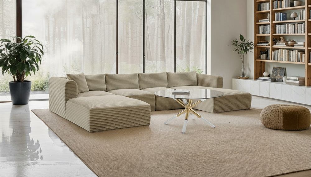 Meridian Furniture Shaggy Five Piece Modular Sectional Plush Corduroy Performance Fabric Cozy Living Room Sofa 641Cream-Sec5E
