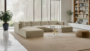 Meridian Furniture Shaggy Five Piece Modular Sectional Plush Corduroy Performance Fabric Cozy Living Room Sofa 641Cream-Sec5E