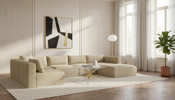 Meridian Furniture Shaggy Wide-wale Corduroy Modular Sectional Five-piece Stain-resistant Living Room Sofa 641Cream-Sec5F