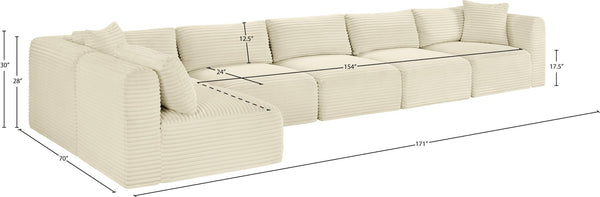 Meridian Furniture Shaggy Six Piece Modular Sectional Cream Corduroy Plush Fabric Living Room Sofa Set 641Cream-Sec6C