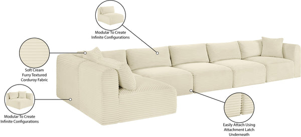 Meridian Furniture Shaggy Six Piece Modular Sectional Cream Corduroy Plush Fabric Living Room Sofa Set 641Cream-Sec6C