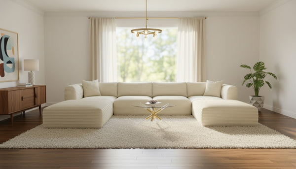Meridian Furniture Shaggy Cream Corduroy Modular Sectional Six Piece Performance Fabric Living Room Sofa Set 641Cream-Sec6E