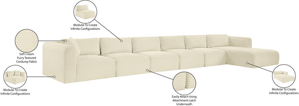 Meridian Furniture Shaggy Six Piece Modular Sectional Cream Corduroy Performance Fabric Large Living Room 641Cream-Sec6G