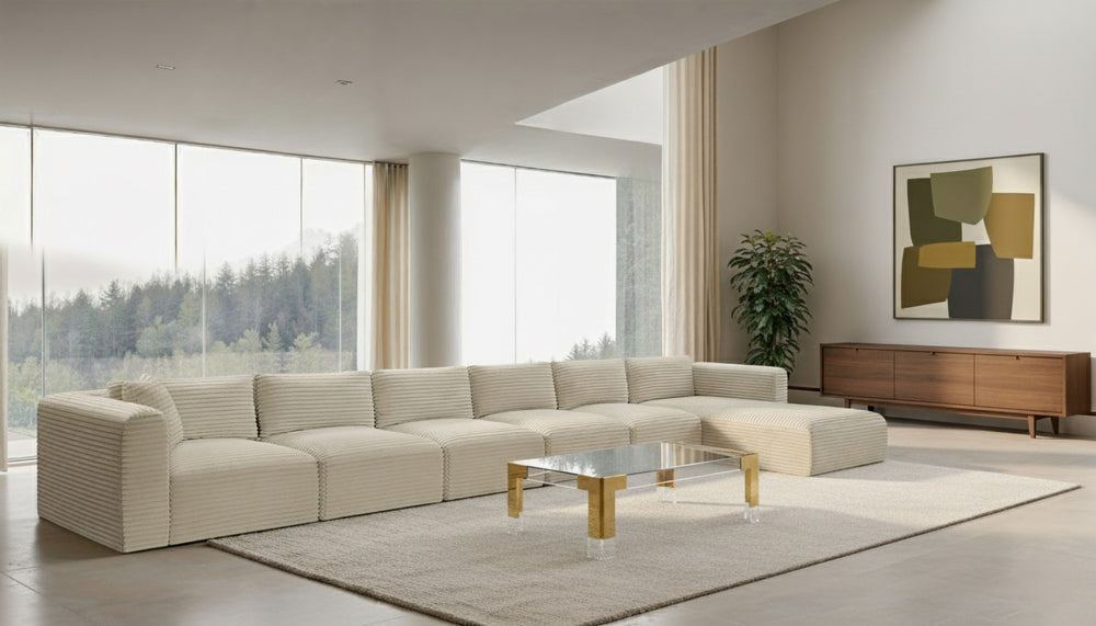 Meridian Furniture Shaggy Six Piece Modular Sectional Cream Corduroy Performance Fabric Large Living Room 641Cream-Sec6G