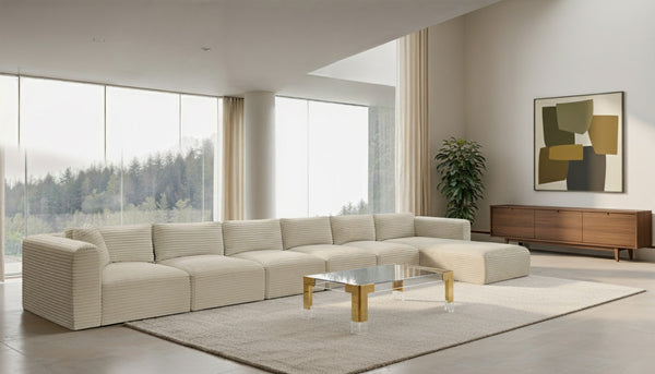 Meridian Furniture Shaggy Six Piece Modular Sectional Cream Corduroy Performance Fabric Large Living Room 641Cream-Sec6G