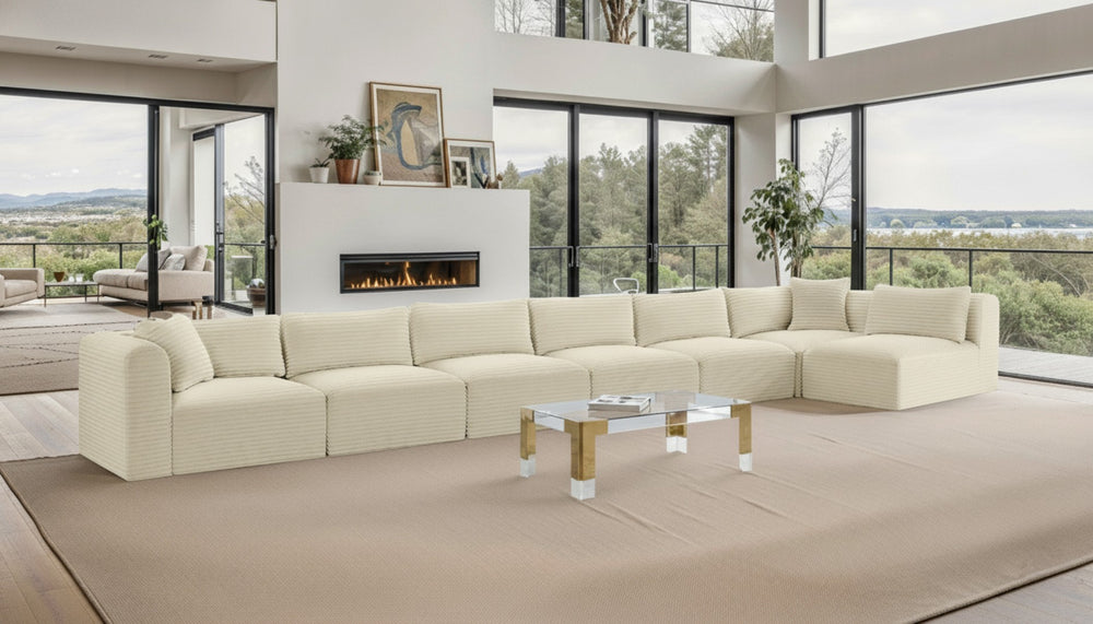 Meridian Furniture Shaggy Seven Piece Modular Sectional Plush Corduroy Performance Fabric Living Room Sofa 641Cream-Sec7B