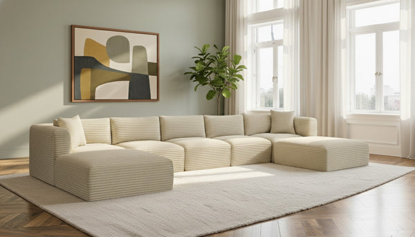 Meridian Furniture Shaggy Cream Corduroy Seven Piece Modular Sectional with Stain Resistant Performance Fabric 641Cream-Sec7C