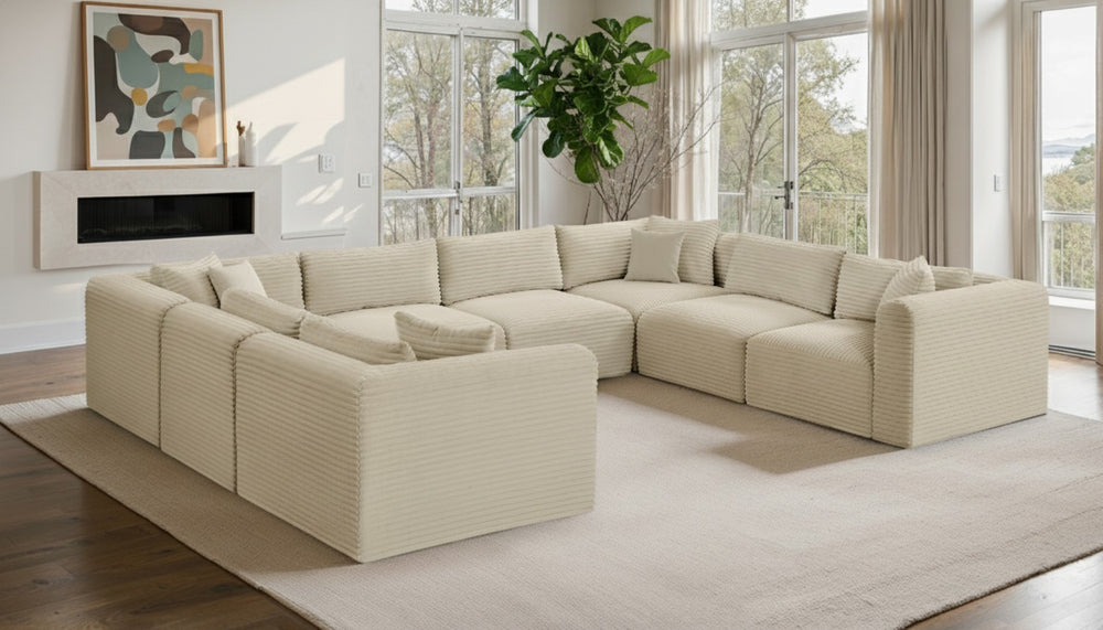 Meridian Furniture Shaggy Eight Piece Modular Sectional Cream Corduroy Performance Fabric Large Living Room 641Cream-Sec8A