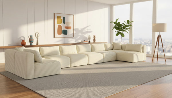Meridian Furniture Shaggy Cream Corduroy Eight Piece Modular Sectional Plush Performance Fabric Sofa 641Cream-Sec8B