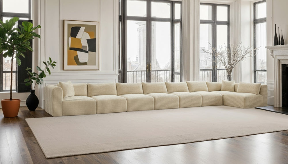 Meridian Furniture Shaggy Eight Piece Modular Sectional Corduroy Performance Fabric Plush Cozy Living Room 641Cream-Sec8C
