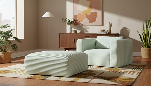 Meridian Furniture Shaggy Corduroy Square Ottoman Plush Modular Linking Design for Living Room Seating Mint 641Mint-Ott