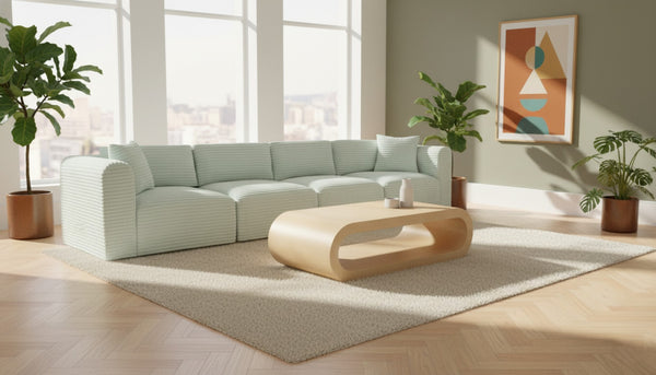 Meridian Furniture Shaggy Corduroy Modular Sofa Plush Performance Fabric Stain Resistant Living Room Seating Mint 140 inches 641Mint-S140