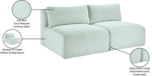 Meridian Furniture Shaggy Two Piece Armless Modular Loveseat in Stain Resistant Plush Corduroy Performance Fabric Mint 641Mint-S62