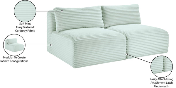 Meridian Furniture Shaggy Two Piece Armless Modular Loveseat in Stain Resistant Plush Corduroy Performance Fabric Mint 641Mint-S62