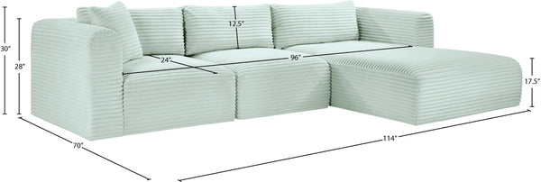 Meridian Furniture Shaggy Mint Corduroy Modular Sectional with Plush Foam and Performance Fabric Seating 641Mint-Sec3A