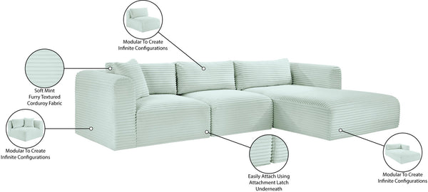Meridian Furniture Shaggy Mint Corduroy Modular Sectional with Plush Foam and Performance Fabric Seating 641Mint-Sec3A