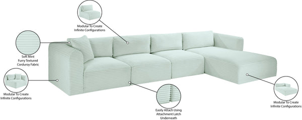 Meridian Furniture Shaggy Four Piece Modular Sectional with Corduroy Performance Fabric for Living Rooms 641Mint-Sec4C