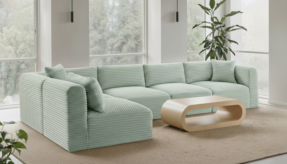 Meridian Furniture Shaggy Five Piece Modular Sectional in Mint Corduroy Performance Fabric for Living Rooms 641Mint-Sec5B