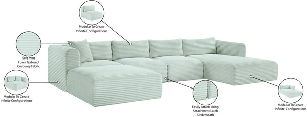 Meridian Furniture Shaggy Five Piece Modular Sectional Mint Corduroy Performance Fabric Plush Living Room 641Mint-Sec5E
