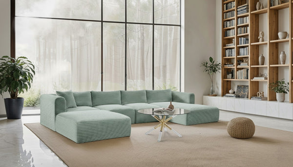 Meridian Furniture Shaggy Five Piece Modular Sectional Mint Corduroy Performance Fabric Plush Living Room 641Mint-Sec5E