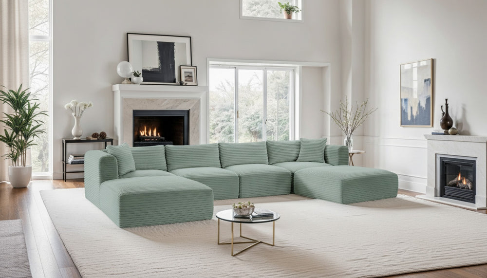 Meridian Furniture Shaggy Six Piece Modular Sectional Mint Corduroy Performance Fabric Plush Family Room 641Mint-Sec6E