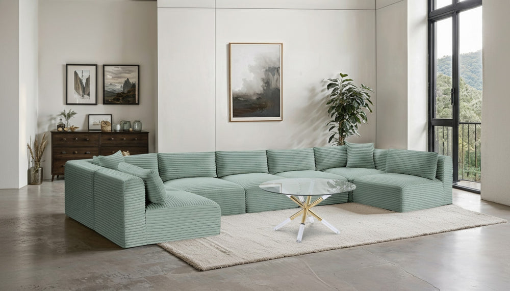 Meridian Furniture Shaggy Seven Piece Modular Sectional Mint Corduroy Performance Fabric Plush Living Room Sofa 641Mint-Sec7A