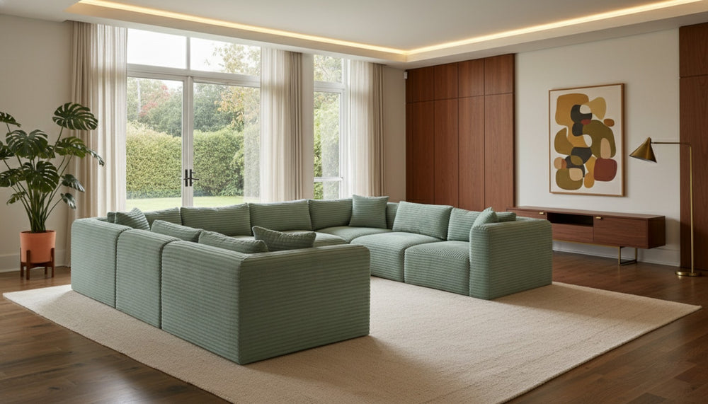 Meridian Furniture Shaggy 8 Piece Modular Sectional Corduroy Upholstered Sofa for Eclectic Living Rooms 641Mint-Sec8A