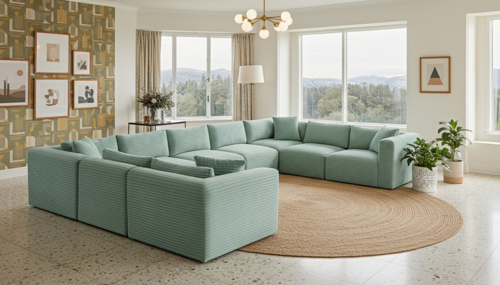 Meridian Furniture Shaggy Nine Piece Modular Sectional Mint Corduroy Performance Fabric Living Room Sofa Set 641Mint-Sec9B