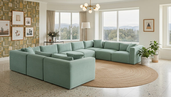 Meridian Furniture Shaggy Nine Piece Modular Sectional Mint Corduroy Performance Fabric Living Room Sofa Set 641Mint-Sec9B