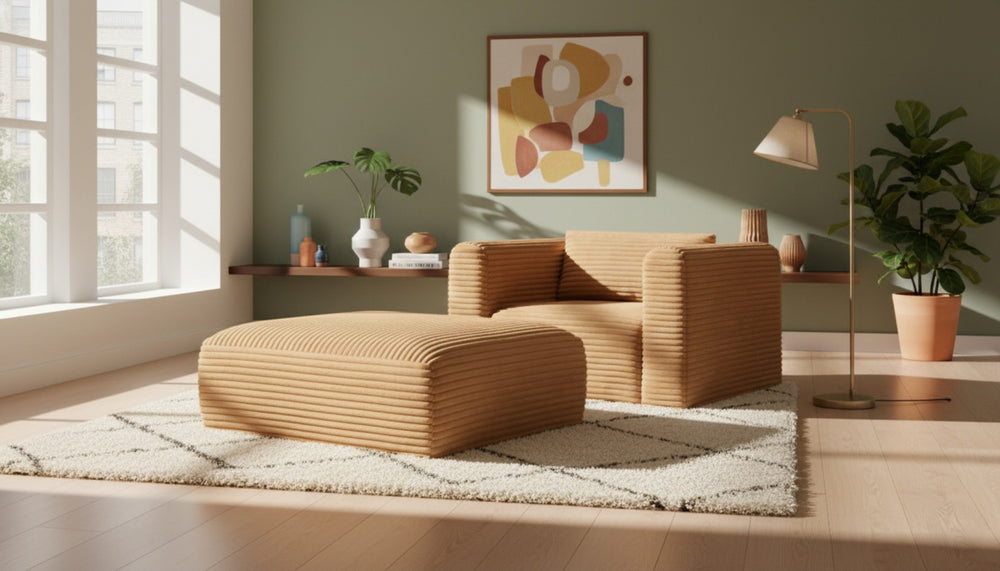 Meridian Furniture Shaggy Corduroy Square Ottoman Plush Modular Linking Design for Living Room Seating Saddle 641Saddle-Ott