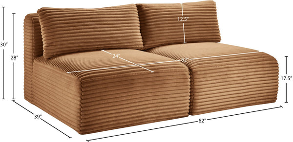 Meridian Furniture Shaggy Two Piece Armless Modular Loveseat in Stain Resistant Plush Corduroy Performance Fabric Saddle 641Saddle-S62