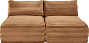 Meridian Furniture Shaggy Two Piece Armless Modular Loveseat in Stain Resistant Plush Corduroy Performance Fabric Saddle 641Saddle-S62