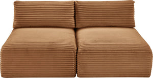 Meridian Furniture Shaggy Two Piece Armless Modular Loveseat in Stain Resistant Plush Corduroy Performance Fabric Saddle 641Saddle-S62