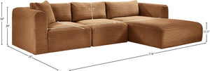 Meridian Furniture Shaggy Three Piece Modular Sectional Corduroy Upholstered Casual Living Room Sofa 641Saddle-Sec3A