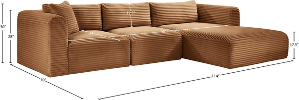 Meridian Furniture Shaggy Three Piece Modular Sectional Corduroy Upholstered Casual Living Room Sofa 641Saddle-Sec3A