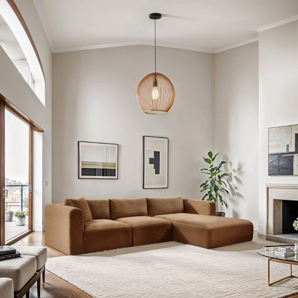 Meridian Furniture Shaggy Three Piece Modular Sectional Corduroy Upholstered Casual Living Room Sofa 641Saddle-Sec3A