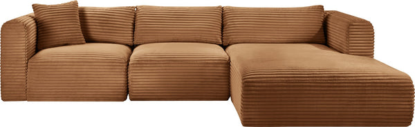Meridian Furniture Shaggy Three Piece Modular Sectional Corduroy Upholstered Casual Living Room Sofa 641Saddle-Sec3A