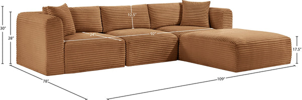 Meridian Furniture Shaggy Four Piece Modular Sectional Plush Corduroy Performance Fabric Casual Living 641Saddle-Sec4A
