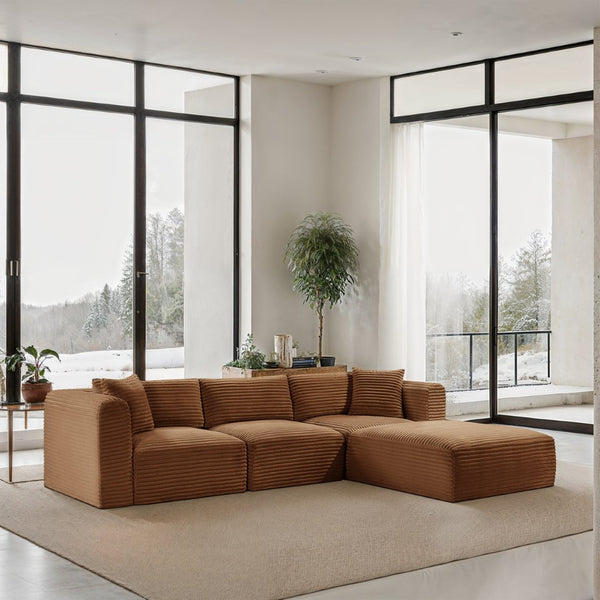 Meridian Furniture Shaggy Four Piece Modular Sectional Plush Corduroy Performance Fabric Casual Living 641Saddle-Sec4A