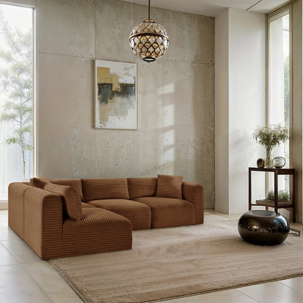 Meridian Furniture Shaggy Corduroy Performance Fabric Modular Sectional Plush Foam Four Piece Living Room 641Saddle-Sec4B