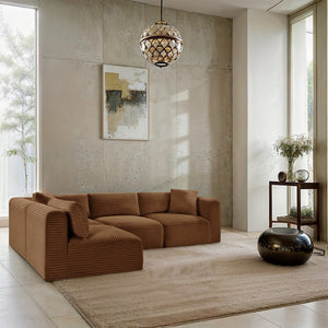 Meridian Furniture Shaggy Corduroy Performance Fabric Modular Sectional Plush Foam Four Piece Living Room 641Saddle-Sec4B