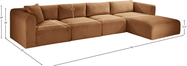 Meridian Furniture Shaggy Four Piece Modular Sectional Corduroy Performance Fabric Cozy Living Room Sofa 641Saddle-Sec4C