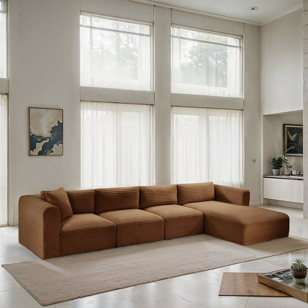 Meridian Furniture Shaggy Four Piece Modular Sectional Corduroy Performance Fabric Cozy Living Room Sofa 641Saddle-Sec4C